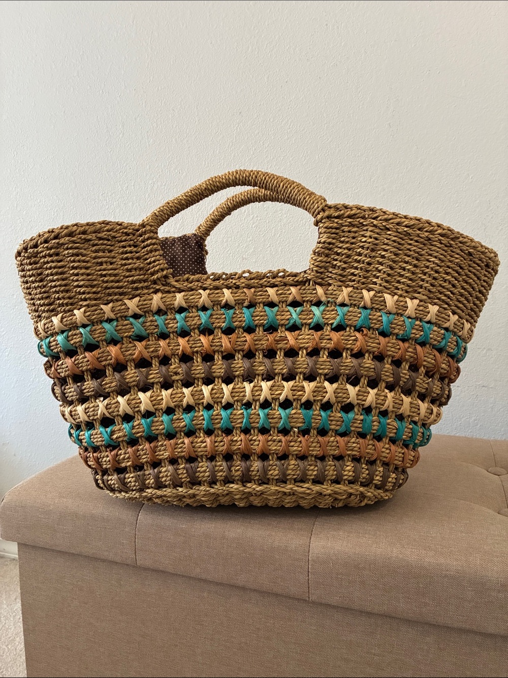 Capelli Straworld Inc.   Tote Beach Market Bag Natural Browns & Turquoise - Picture 6 of 8